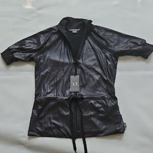 Armani Exchange Shiny Black Short Sleeve Zip-Up Top Size XS